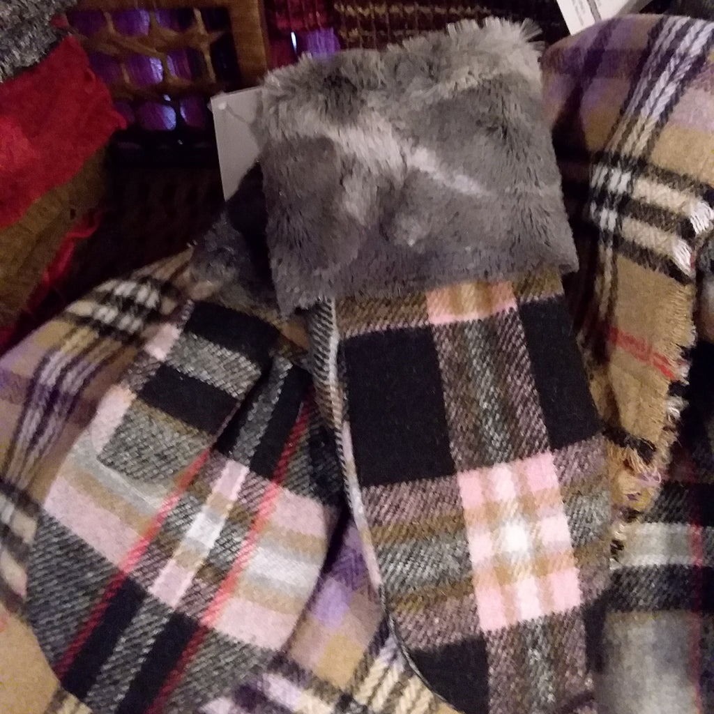 Brushed Plaid Mittens with Faux Fur